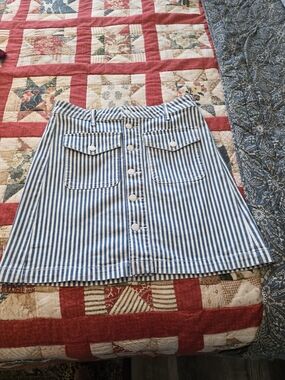 Ann Taylor Blue and White Striped Button-Front Denim Skirt